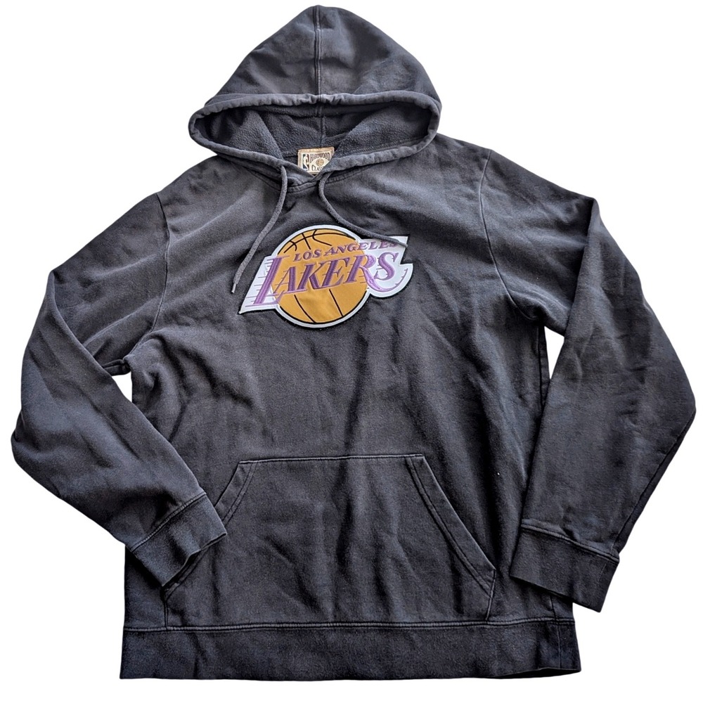 VTG Majestic LA Lakers NBA Hardwood Classics Logo Patch Hoodie Mens M Washed Blk